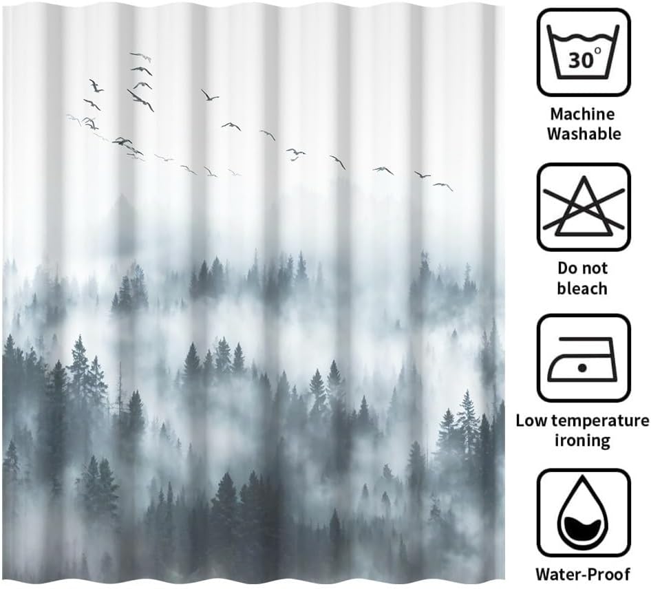 Misty Forest Shower Curtain Set Foggy Pine Trees Birds Nature Landscape Bathroom Decor Grey Rustic Woodland Shower Curtains for
