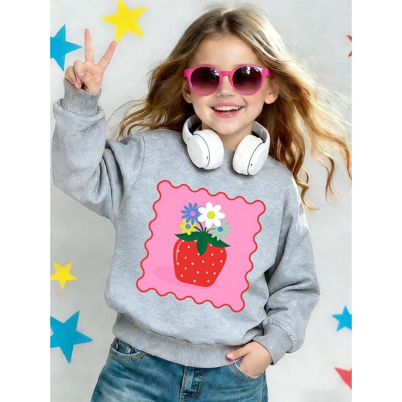 Kids Crewneck Sweatshirt, Cartoon Strawberry & Floral Graphic Print, Spring Autumn Casual Tops