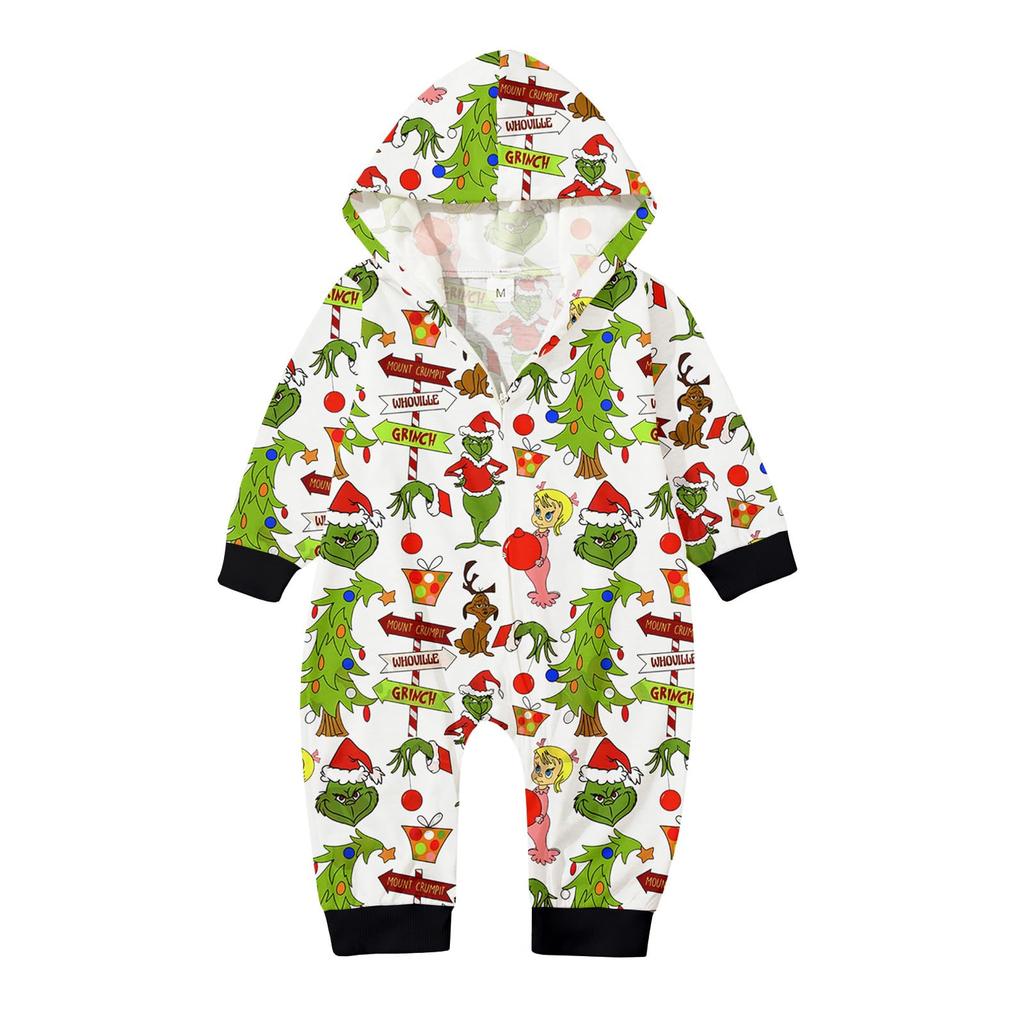 Christmas Print Family Matching Hooded Long Sleeved Zippered Jumpsuit Set