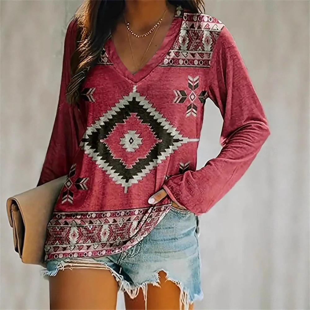 

2025 Лето Новая Женская Повседневная Модная Футболка с Длинным Рукавом и V-образным Вырезом с Принтом S