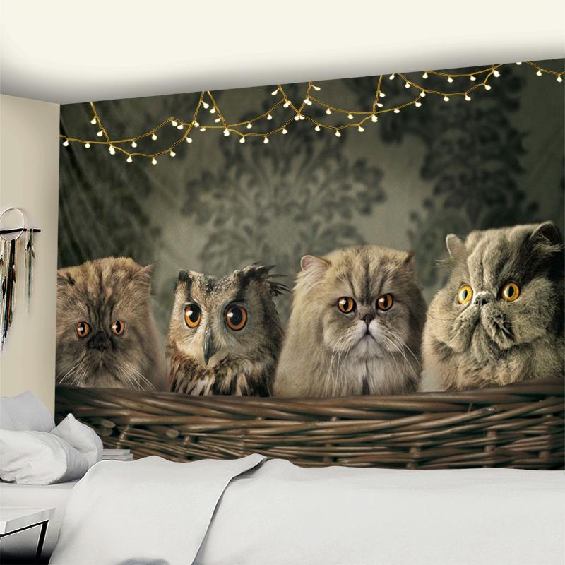 Wandteppich mit Katze und Eule, böhmischer Stil, süßes Haustier, einfache, verwirrte Augen, Hippie-Tischset, Schlafzimmer, Heimdekoration