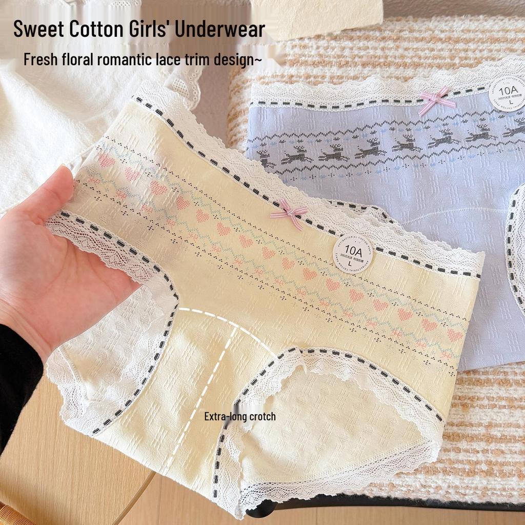 10A Antibacterial Lace Sweet Fresh Cotton Panties with Extended Crotch – Comfortable & Breathable Teen Briefs