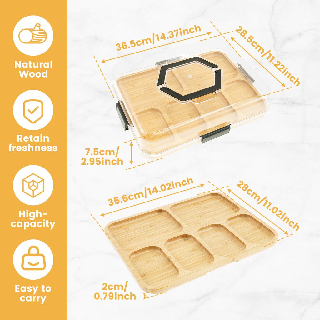 5/6 Grids Wooden Charcuterie Board with Clear Lid Portable Cheese Board Box with handle Snack Fruit Tray Outdoor Ccamping pinnic