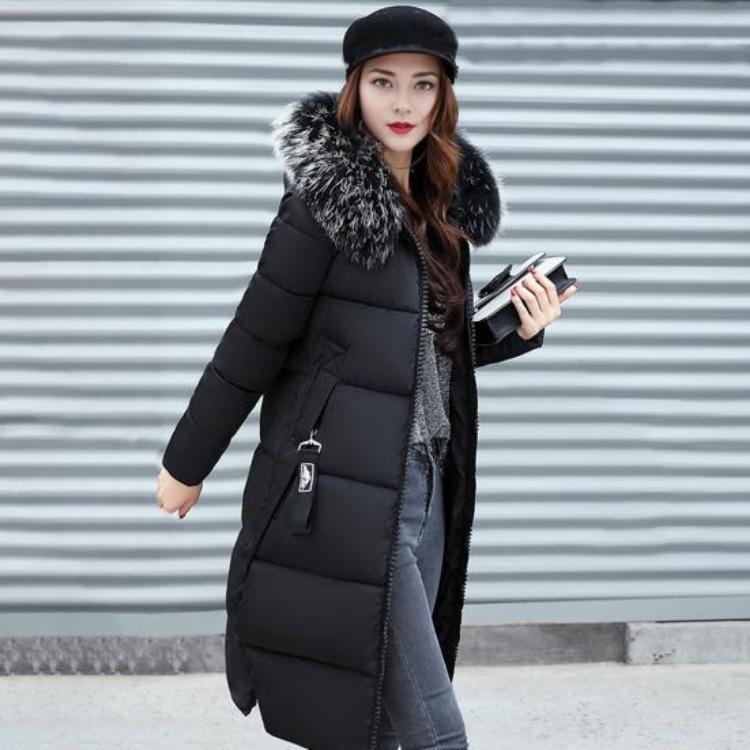 Winter Women Parka Cotton Jacket Windproof Padded Coat Zip Up Long Sleeves Furry Hood Heat Retention Knee Length Solid Color Outwear with Pockets