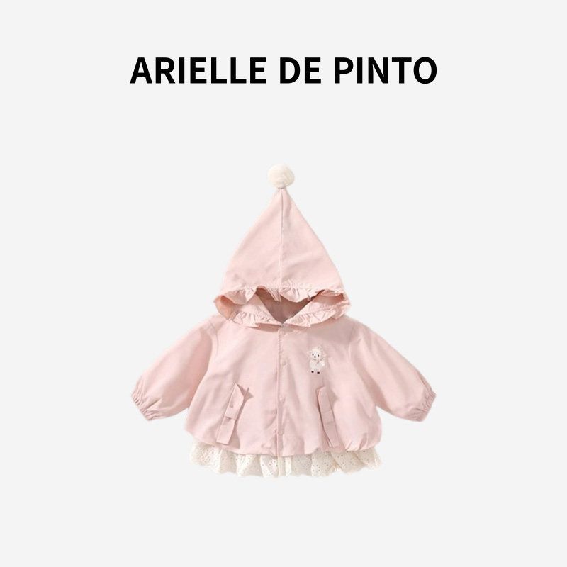 French Arielle De Pinto Girls Early Autumn Outfit Jacket Korean Style Cute Cartoon Lace Hooded Windbreaker Pink 120cm