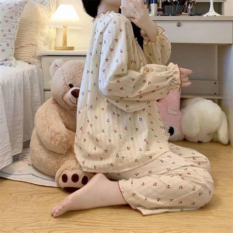 Niedliches Prinzessinnen-Pyjama-Set im koreanischen Stil: Kurzärmeliges Oberteil & Langärmelige Hose für Damen