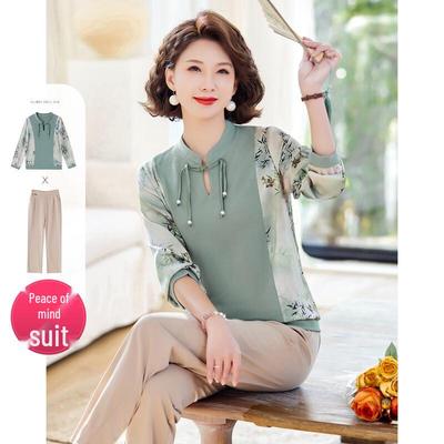 Pasite Women's New Chinese Style Floral Print Two-Piece Set