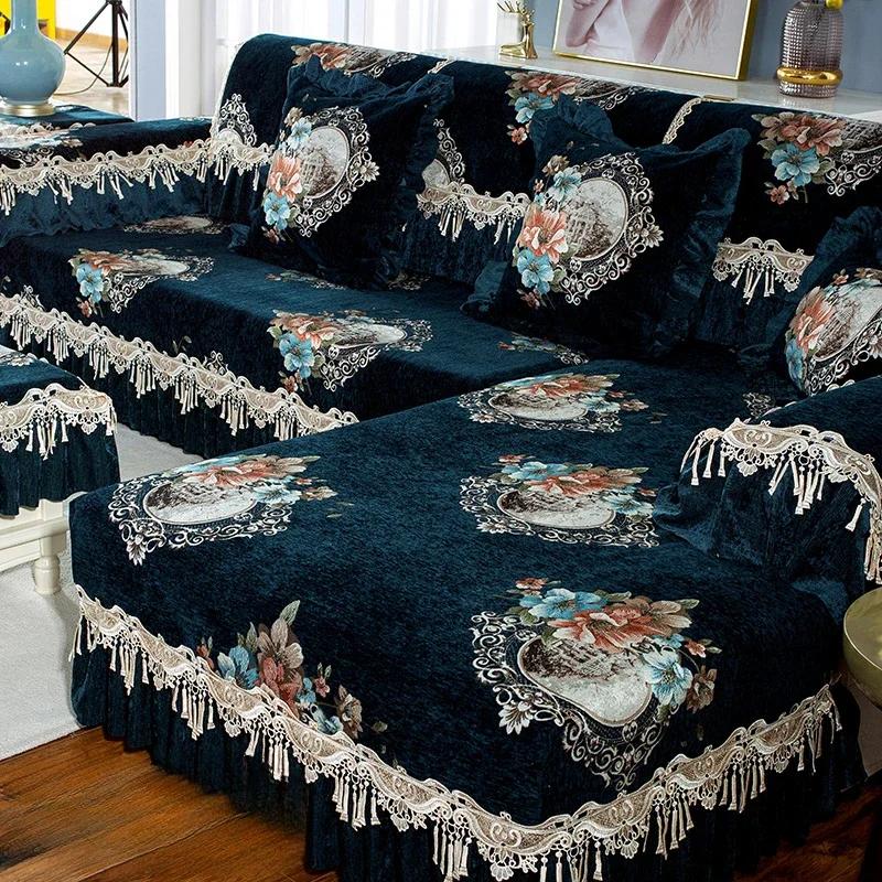 Tapete de sofá de chenille de luxo estilo europeu, tecido com flores grandes, almofada de assento antiderrapante, capa de sofá de madeira maciça de inverno com cobertura total
