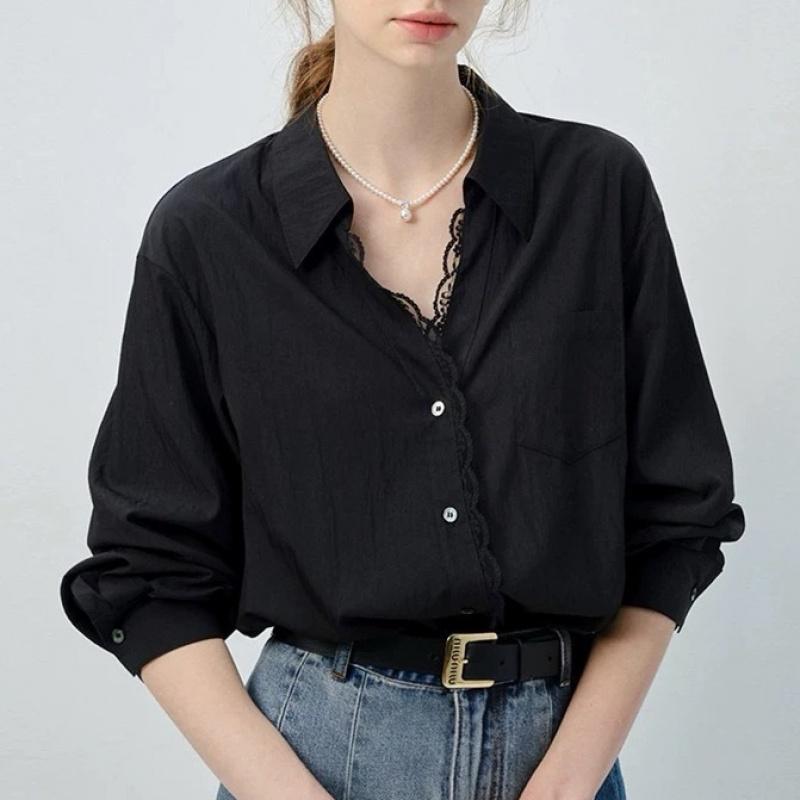 White long-sleeve women's shirt, 2026 spring new style, European style lace trim loose top