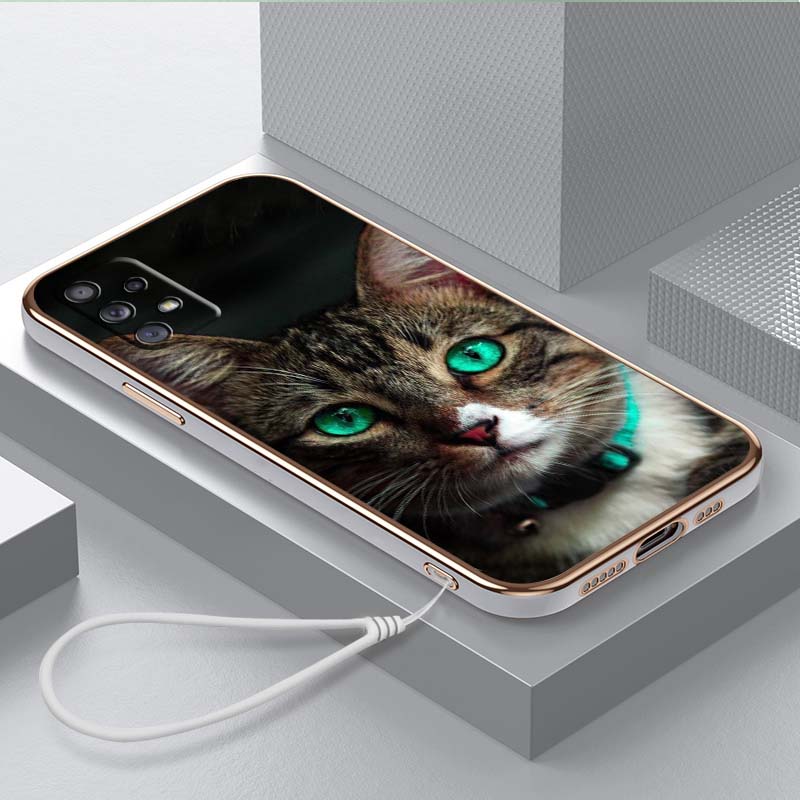 Luxury Plated TPU Phone Case With Lanyard for Samsung Galaxy A04 A05s A13 A14 A24 A54 A34 Note20 S23 Ultra Cases A41 Cool Cat Black Design Art Cover