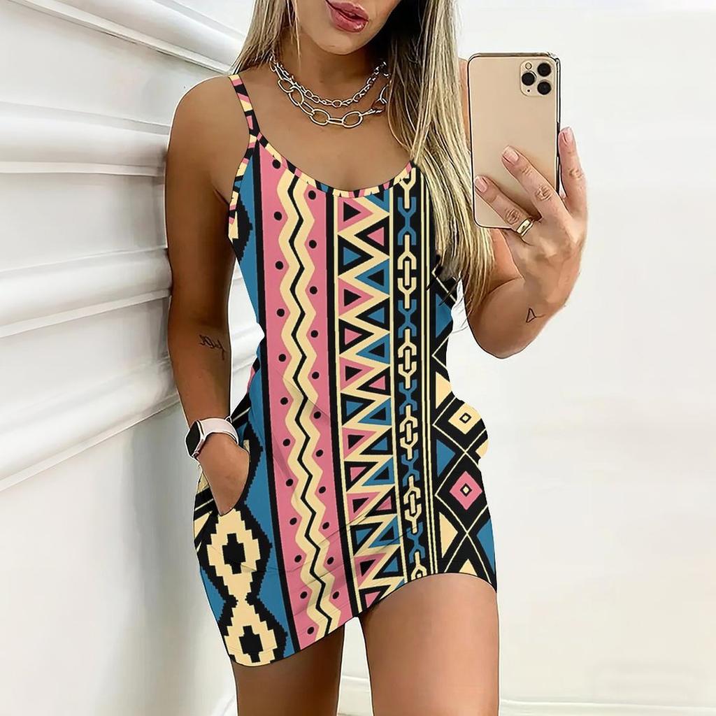 Robe moulante sans manches imprimée géométrique rétro d'été avec poches Sexy Coupe ajustée Élégante Robe de soirée