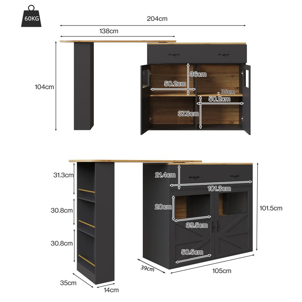 Extendable bar table with storage (138-204×39×104cm), 360° rotatable dining bar, kitchen island bistro table, sideboard cabinet with shelves, black