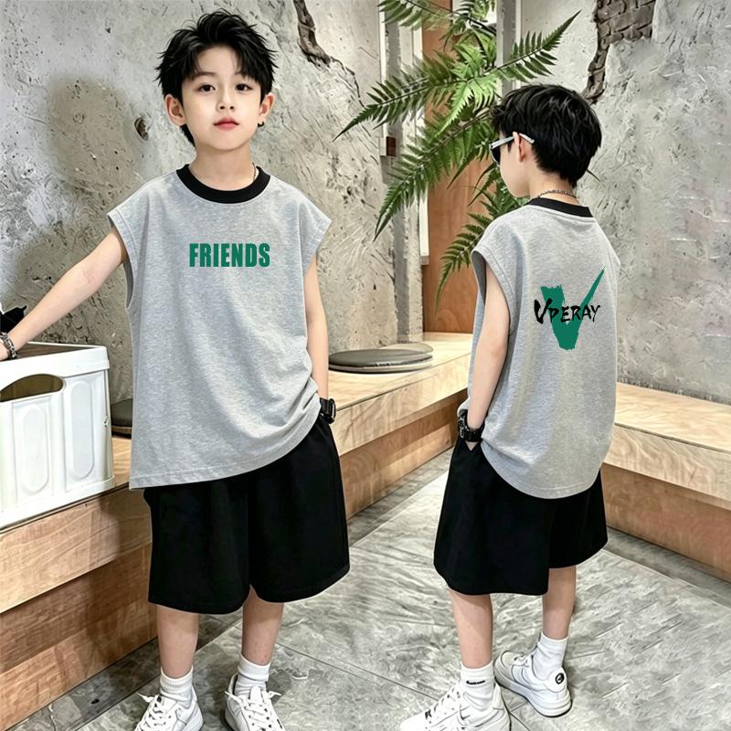Boys' Color Block Cartoon Sleeveless Vest Set - 8-15 Years Trendy T-Shirt Two-Piece Summer Outfit