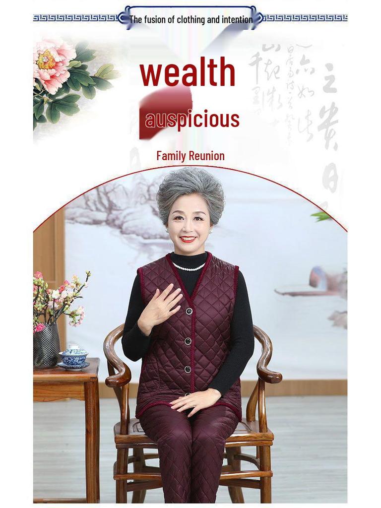 Warm Winter Three-Piece Set for Elderly Women: Fleece-Lined Cotton Coat and Pants