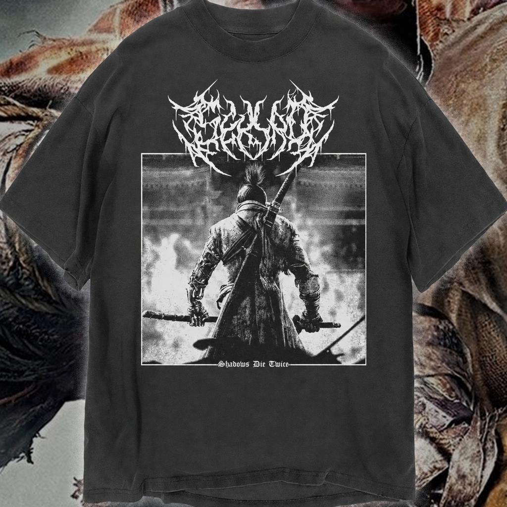 2026 Sekiro Game Tee Unisex Short Sleeve Tee Vintage Distressed Samurai Warrior Print Black Metal Gothic Letter Casual Tees