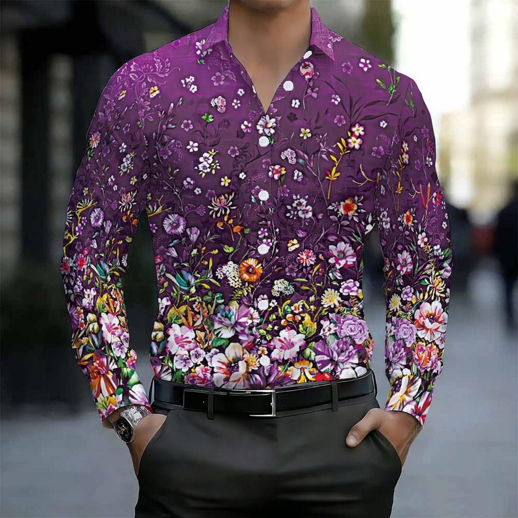 Chemise pour homme à col Base violette Imprimé floral mélangé coloré Manches longues Boutonnée Haut