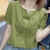 Summer Cotton Chinese Style Drawstring Short Sleeved Shirt Women's Solid Round Neck Thin Button Waist Collection Loose Top