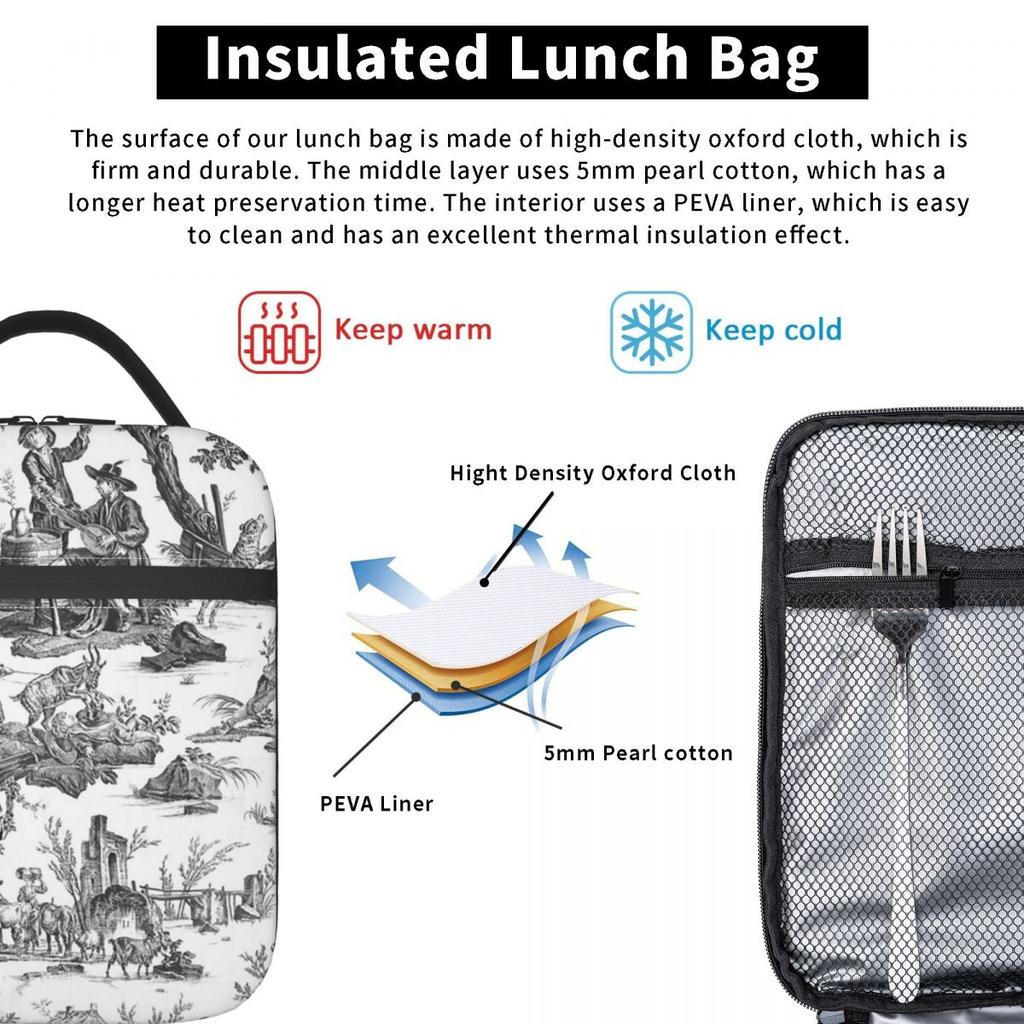 Black And White Toile De Jouy Insulated Lunch Bag for Women Children Portable Food Boxes Thermal Lunch Box Tote