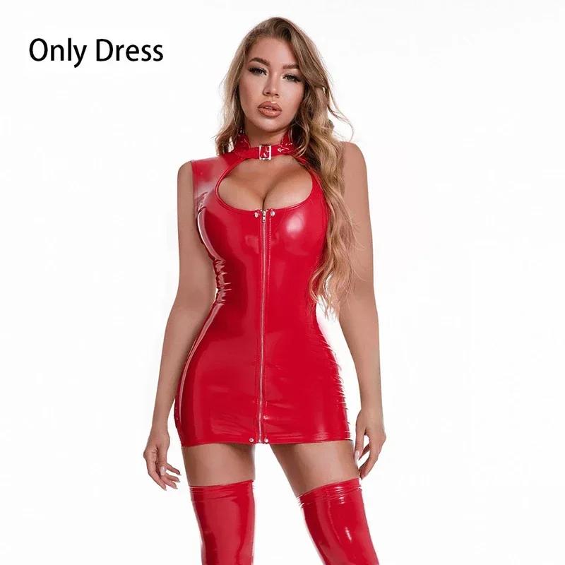 Women Sexy Shiny PVC Leather Dress Sleeveless Zipper Open Crotch Latex Sheath Bag Hip Skirt Sexy Porn Breast Exposing Dress