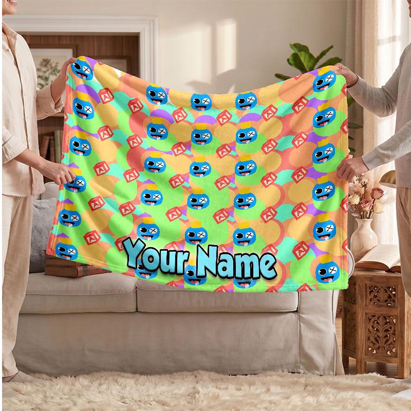Rainbow Friends Personalized Flannel Blanket, Custom Printed Text Name, Warm Soft Blanket For Couch Bed