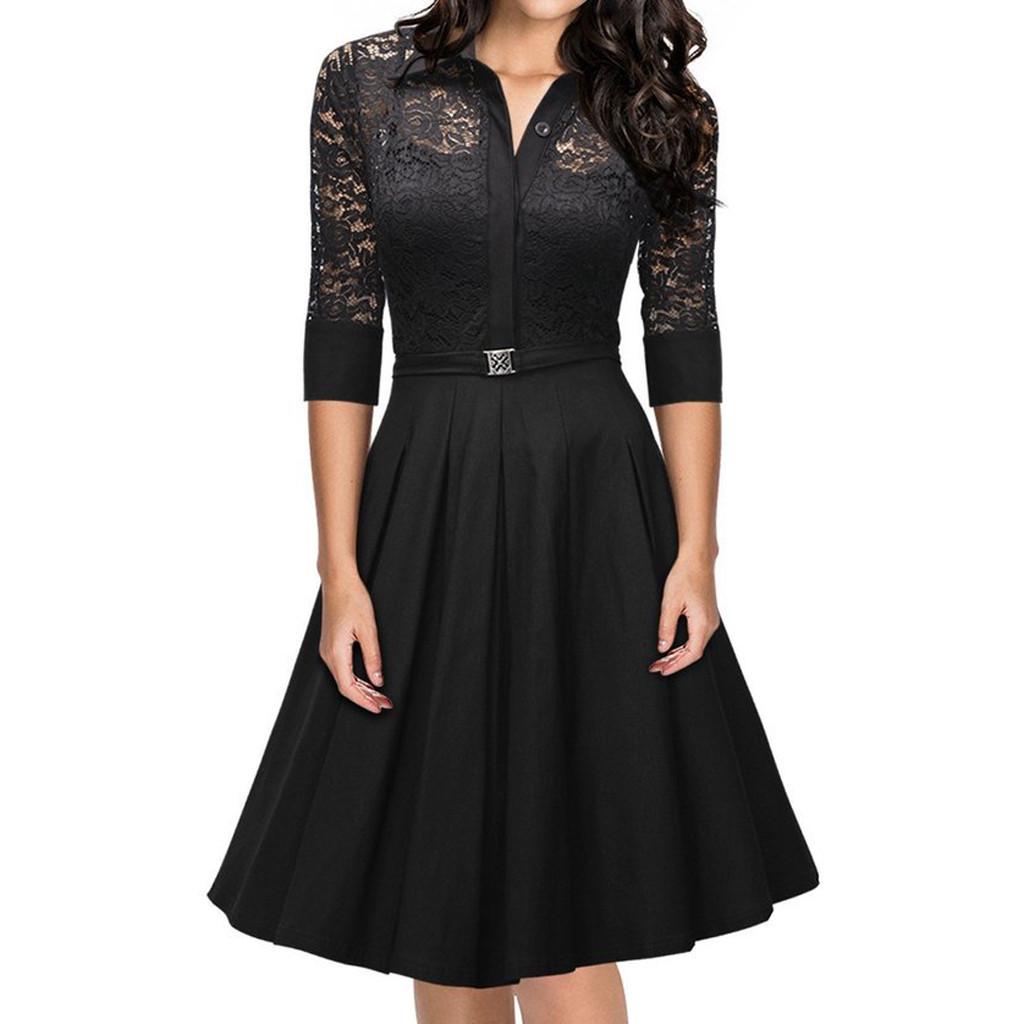 Plus Size Women Lace Long Sleeve Midi Dress Ladies Cocktail Evening Party Dress