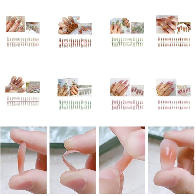 30Pcs Glossy Press On Nails Long Coffin Gradient Fake Nails Cat Eye False Nails
