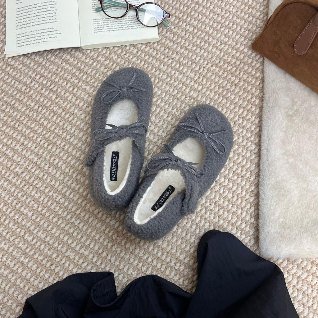 2025 vinter nya runda tå med sammet varma bönor mångsidiga Mary Jane plattform pendlar damskor