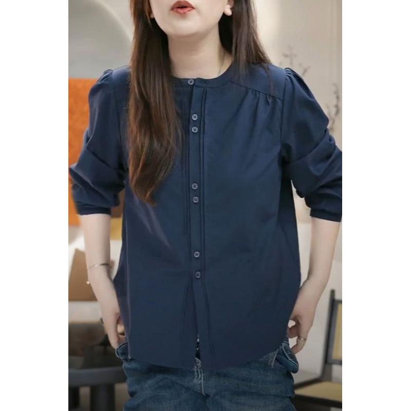 Women's 2025 New Stitched Round Neck Button Fashion Solid Color Versatile Casual Long Sleeve Shirt