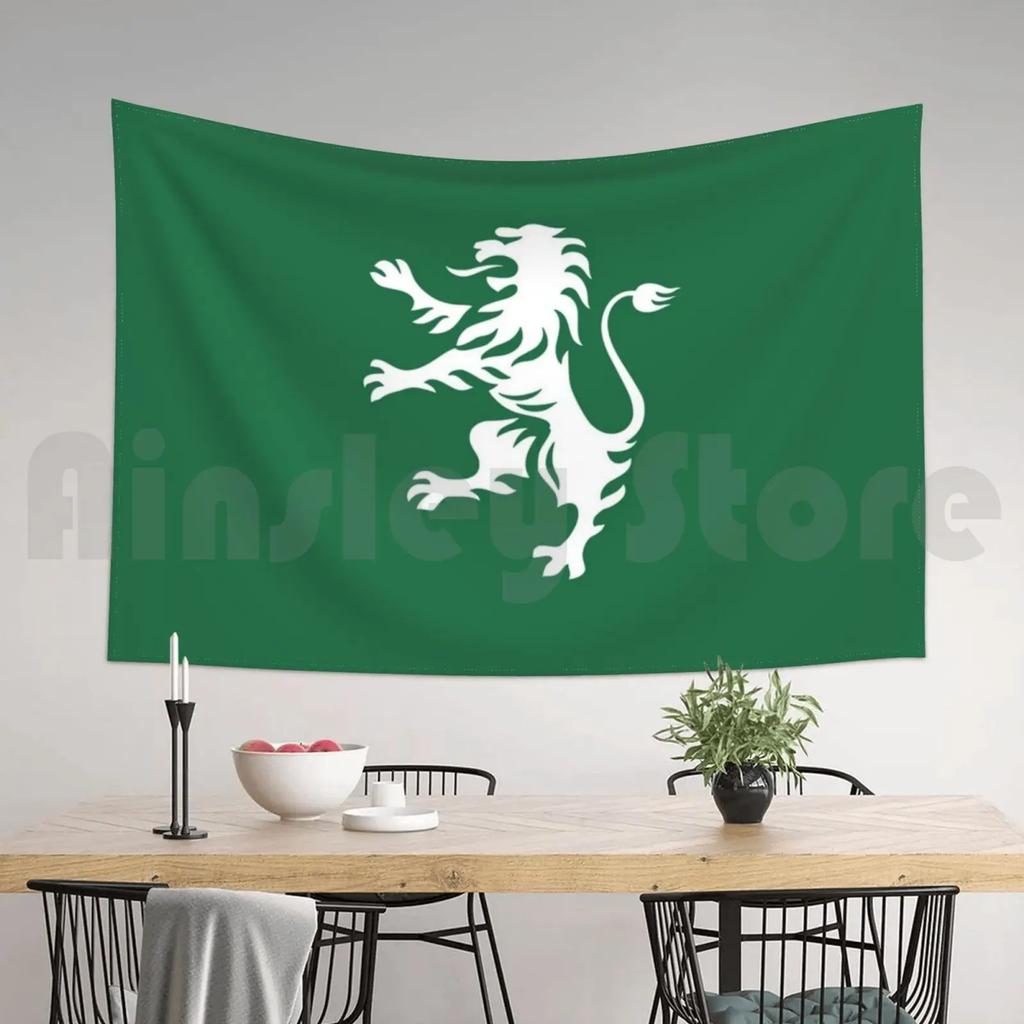 Green Lion Flag Tapestry Heraldic Emblem Design Noble Crest Unique Wall Art for Home Decor Bedroom Medieval Lover Gift