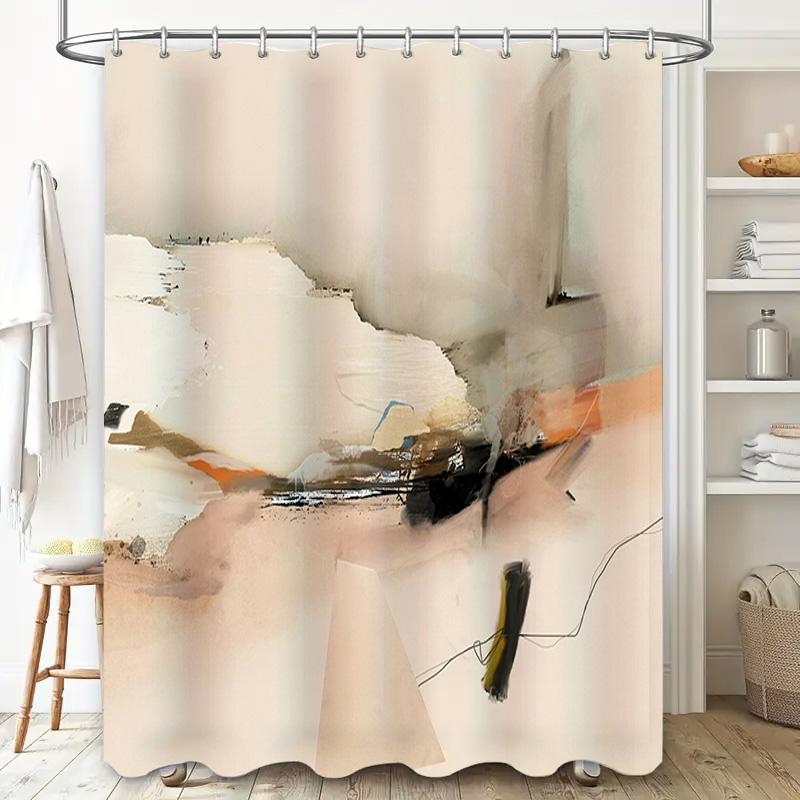 Minimalist Abstract Shower Curtain With Artistic Watercolor Design Modern Decor Home Bathroom Accessories Cream Beige Orange Col