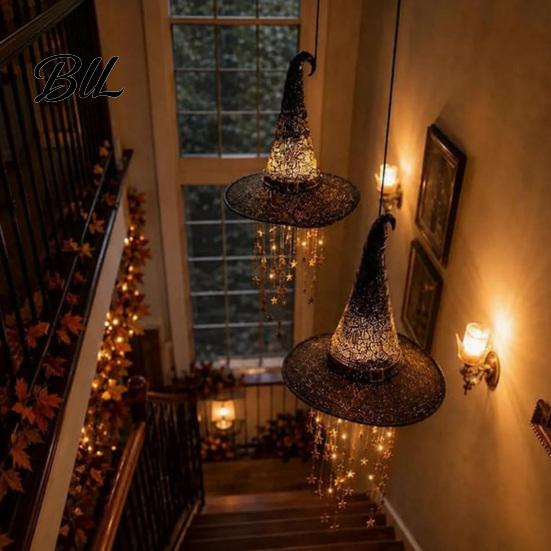 Decorazione Cappello da Strega Illuminato 2 Pezzi Campanella Appesa in Rete Nera Luminosa, Lampada Scintillante Decorazioni per Eventi Festivi con Stelle a Cascata per Finestra
