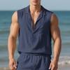 Mens Solid Color Linen Sleeveless Button Down Shirt