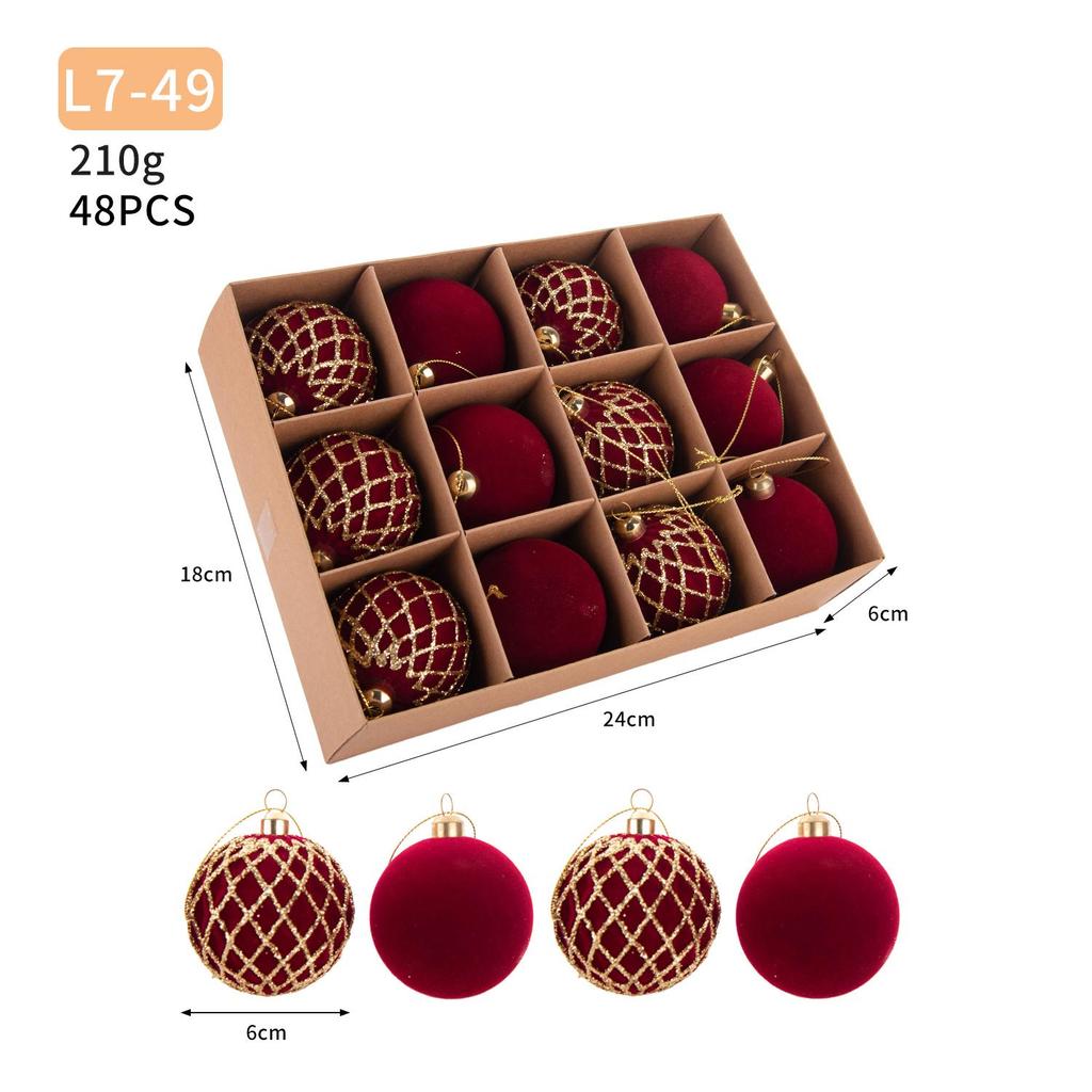 6cm Burgundy Flocked Christmas Baubles with Gold Glitter, 48Pcs Gift Box, 4 Patterns Xmas Tree Hanging Ornaments