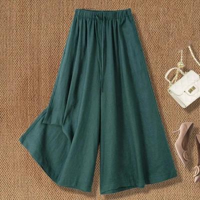 Women's Linen-Blend Wide Leg Pants, Elastic Waist Casual Culottes With Drawstring