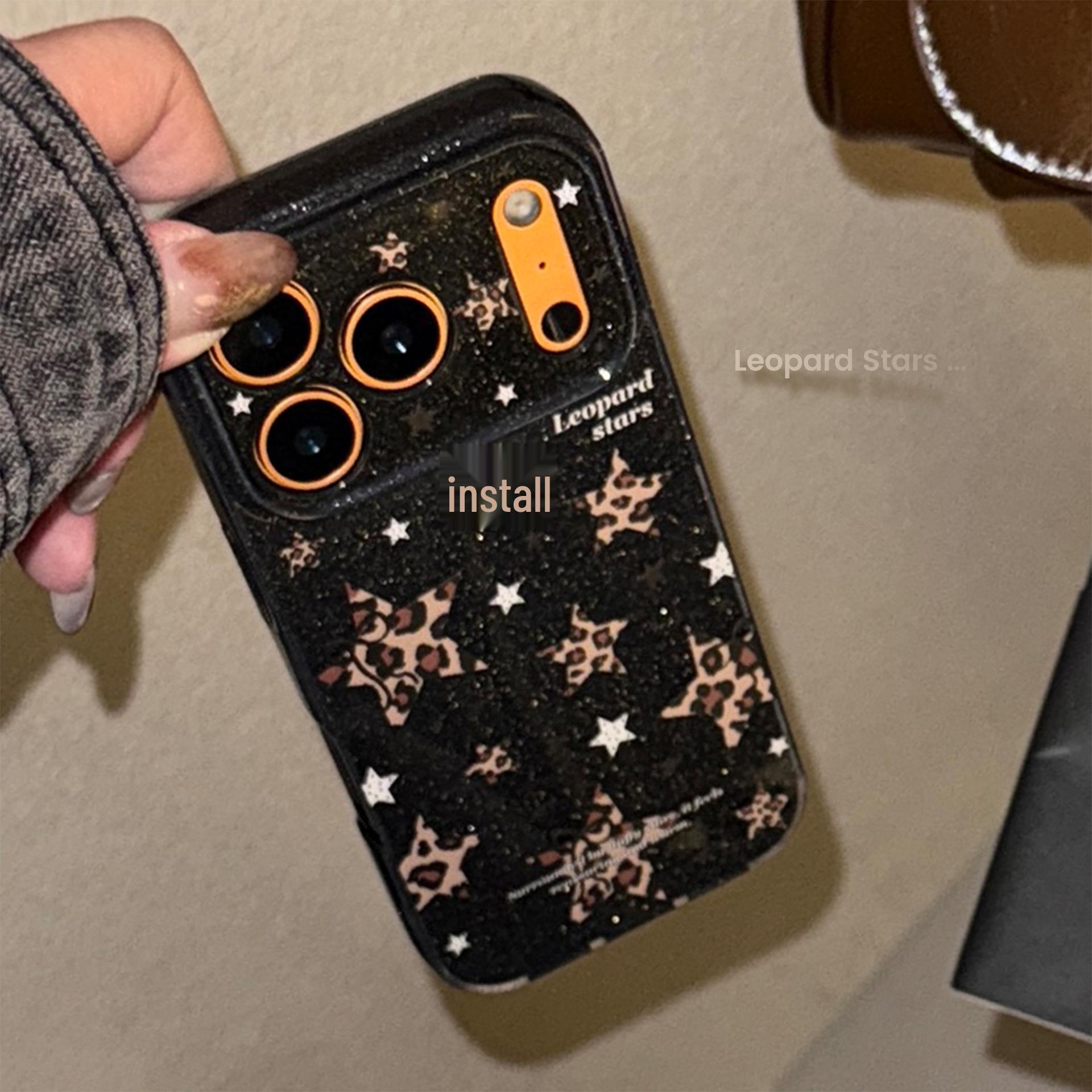Retro Glitter Leopard Star Print Phone Case for iPhone 16-17 Pro Max, Soft Personality Design 15 Pro