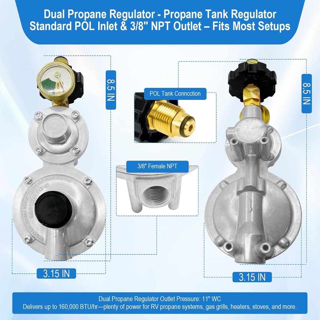 Propane Tank Adapter 2 Stage Propane Regulator With Gauge & POL,Rv Propane Regulator 3/8" NPT For 20–100Lb Tank,Propane Tank Regulator For