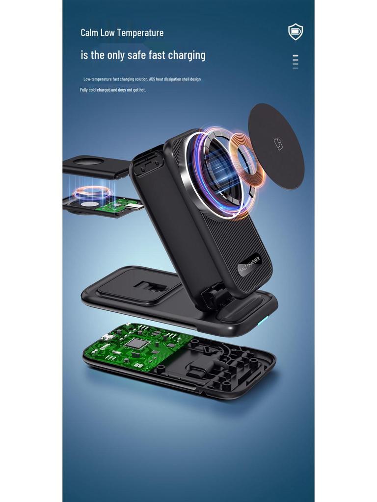 3-in-1 Foldable Wireless Charging Stand with Magnetic Cable for Fast Charging