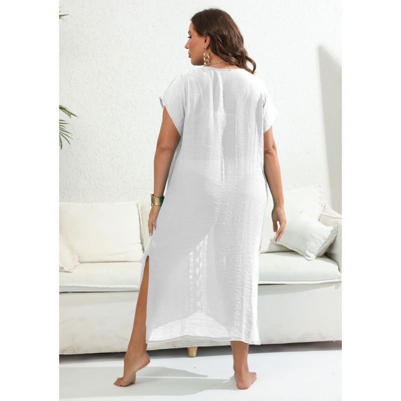 Plus Size Holiday Beach Cover Up Women Hook & Loop Contrast Color Deep V Neck Slit Dress