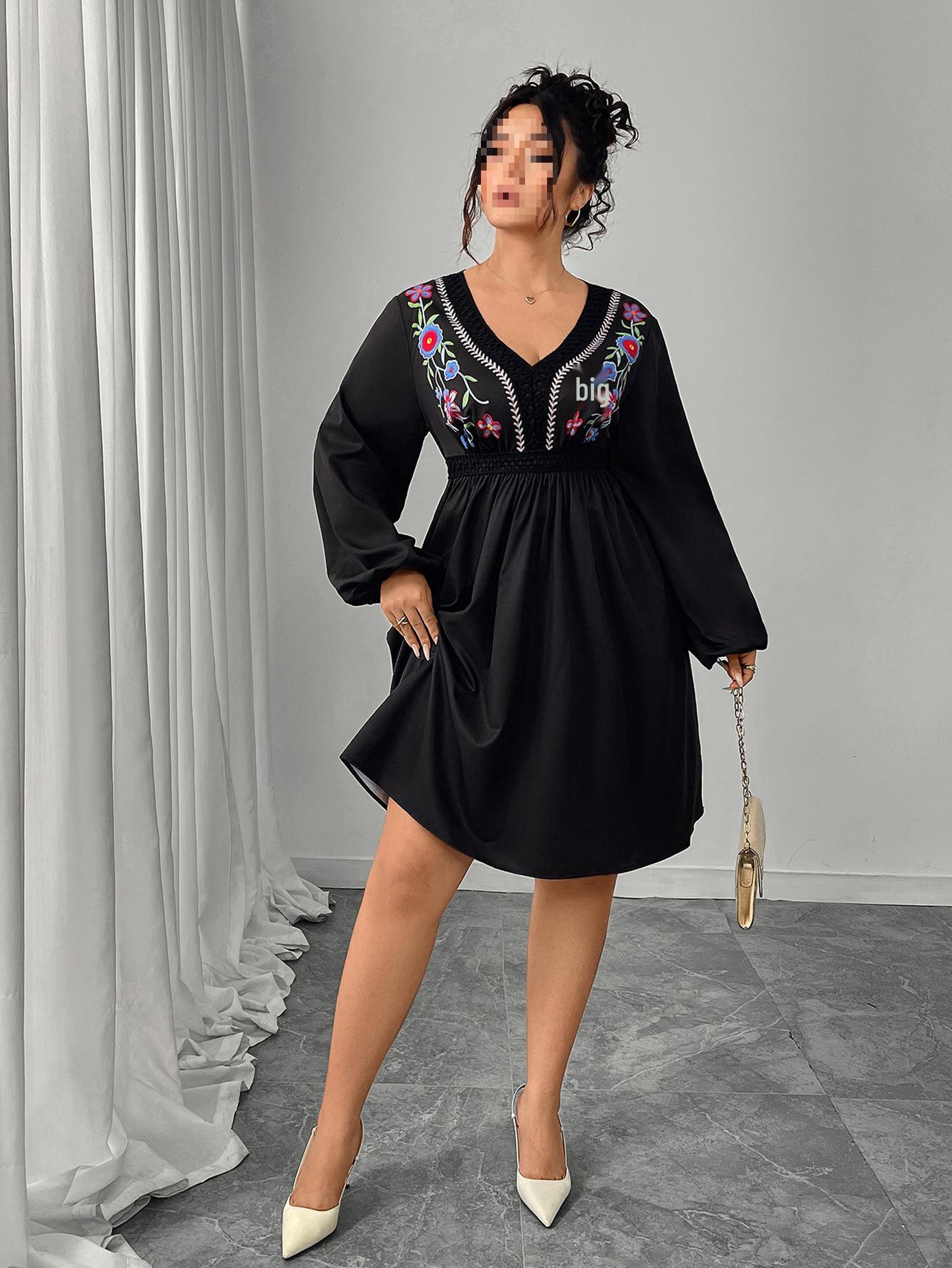 Plus Size Retro Embroidered V-neck High-Waisted Dress for Women 4XL