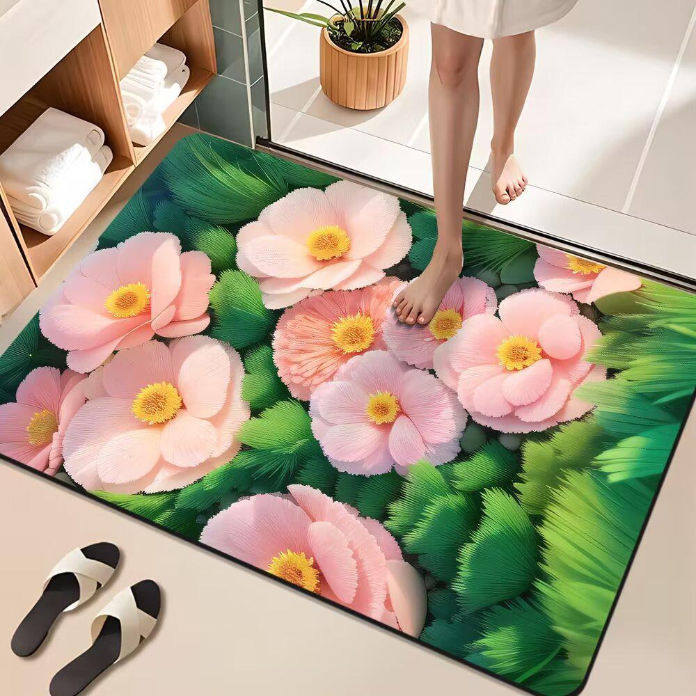 3D Floral Diatom Mud Quick-Dry Bathroom Mat - Absorbent, Soft, Non-Slip Toilet & Kitchen Carpet