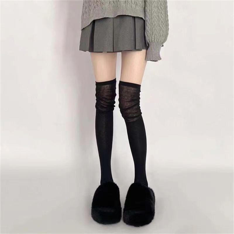 Einfarbige Kniehohe Lange Socken für Damen Japanische Studentin Raffung Lässiges Oberteil Gerippt Gestrickt Oberschenkelhohe Strümpfe Strumpfwaren