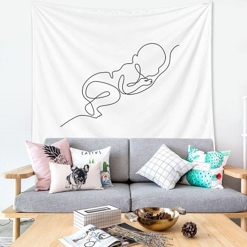 Tapestry Wall Hanging Simple Art Black and White Lines  Background Bedroom Decorative