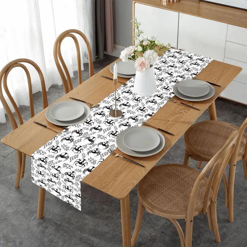 1pc White Black Halloween Table Runner with Cute Spiders Waterproof Durable Tablecloth for Halloween Themed Party Decoration