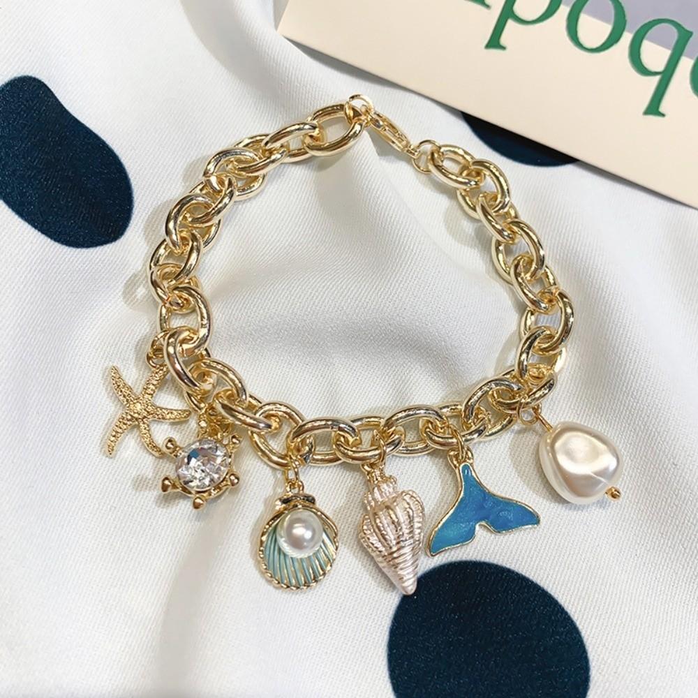 Zinc Zinc Alloy Rhinestone Pearl Starfish Beaded Bracelet Shell Beaded Hand Chain  Girls Couple Gift