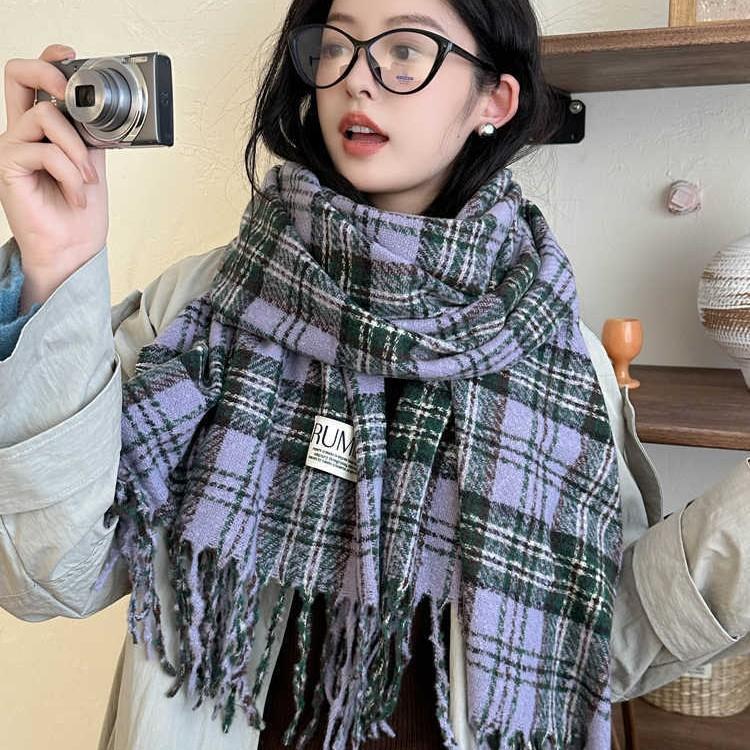 Maillard Plaid Scarf Women'S Season Thickened Warm Shawl Dual-Purpose Solid Color Student Bib Neck Tide