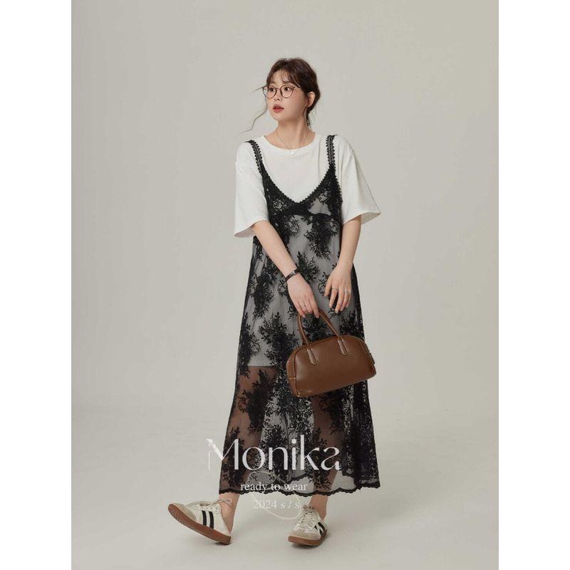 

Plus Size Ladies Mid Length Long Length Lace Two-piece Set Sling Dress White [T-Shirt Dress] XL