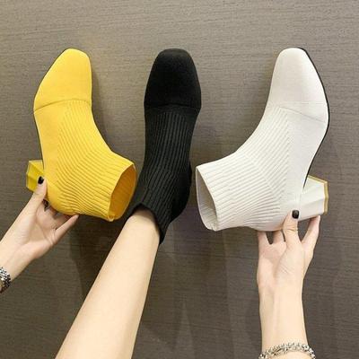 Zimowe buty damskie dla kobiet Buty utrzymujące ciepło Botki do kostki Wysokie obcasy Damskie buty zimowe Botki Dzianinowe Skinny Stretch Koreańskie proste botki do kostki