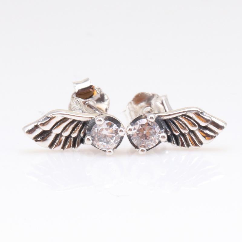 S925 Sterling Silver Angel Wing Feather Stud Earrings for Women - European & American Creative Style Silver Plated Brass (K065)