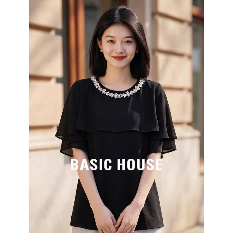 Basic House Women s Beaded Ruffle Trim Short Sleeve T-shirt One Size