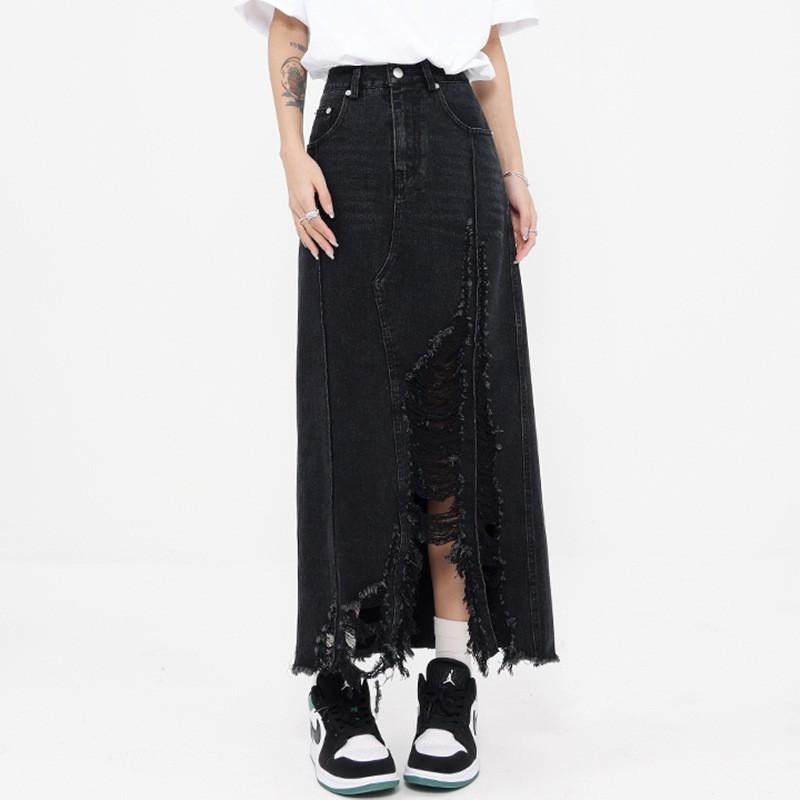 Womens Vintage Denim Midi Skirt With Raw Hem Distressed Detail Boho Street Style Cotton Blend Long